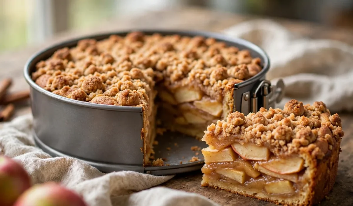 Saftiger Apfelkuchen mit Zimtstreuseln und Apfelspalten in einer Springform, ein Stück angeschnitten auf einem Kuchenteller.