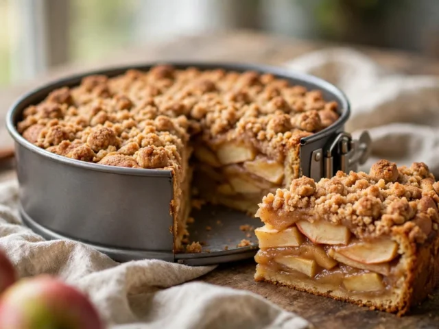 Saftiger Apfelkuchen mit Zimtstreuseln und Apfelspalten in einer Springform, ein Stück angeschnitten auf einem Kuchenteller.
