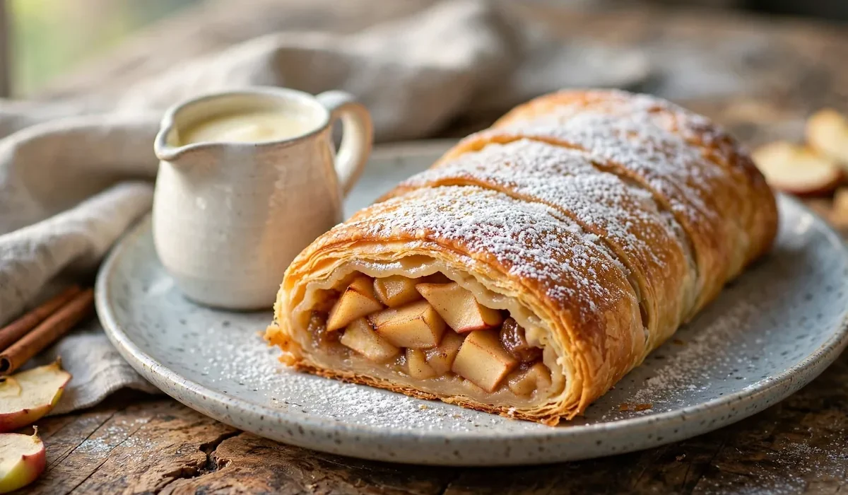 Goldbraun gebackener Apfelstrudel mit Puderzucker, dazu eine Kanne Vanillesauce auf einem Teller.