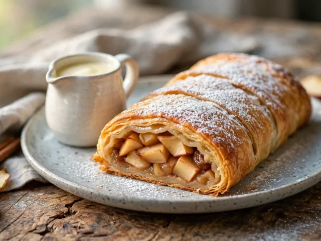 Goldbraun gebackener Apfelstrudel mit Puderzucker, dazu eine Kanne Vanillesauce auf einem Teller.