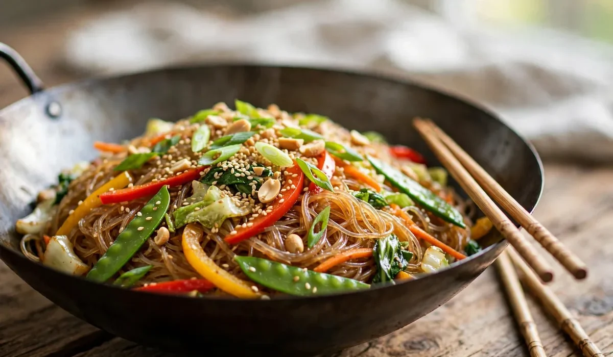 Asiatische Glasnudelpfanne mit buntem Gemüse, Sesam und Erdnüssen in einem Wok, mit Stäbchen serviert.