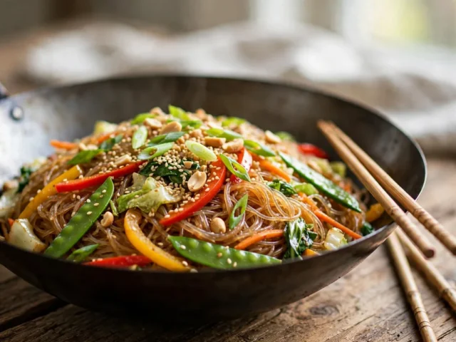 Asiatische Glasnudelpfanne mit buntem Gemüse, Sesam und Erdnüssen in einem Wok, mit Stäbchen serviert.