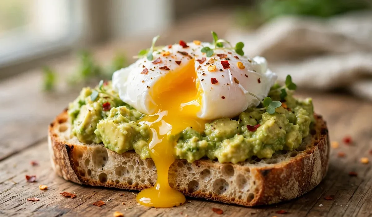 Avocado-Toast mit pochiertem Ei, Chiliflocken und Zitrone auf Sauerteigbrot.