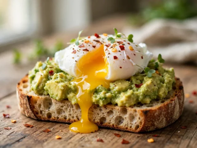 Avocado-Toast mit pochiertem Ei, Chiliflocken und Zitrone auf Sauerteigbrot.