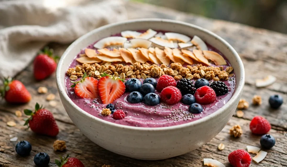 Beeren-Smoothie-Bowl mit frischen Beeren, Granola und Kokoschips in Reihen angerichtet.