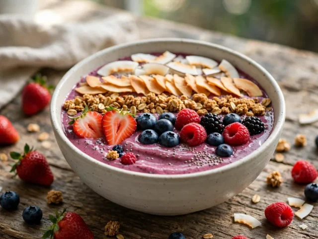 Beeren-Smoothie-Bowl mit frischen Beeren, Granola und Kokoschips in Reihen angerichtet.