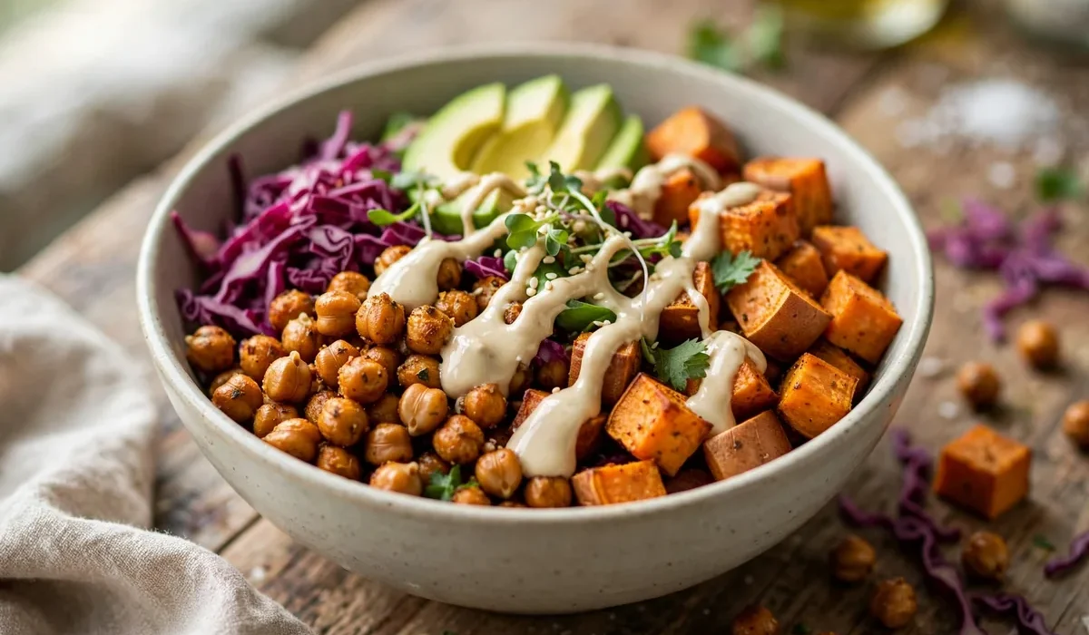 Bunte Buddha Bowl mit gerösteten Kichererbsen, Süßkartoffel, Rotkohl, Avocado und cremigem Tahini-Dressing in einer hellen Schüssel.