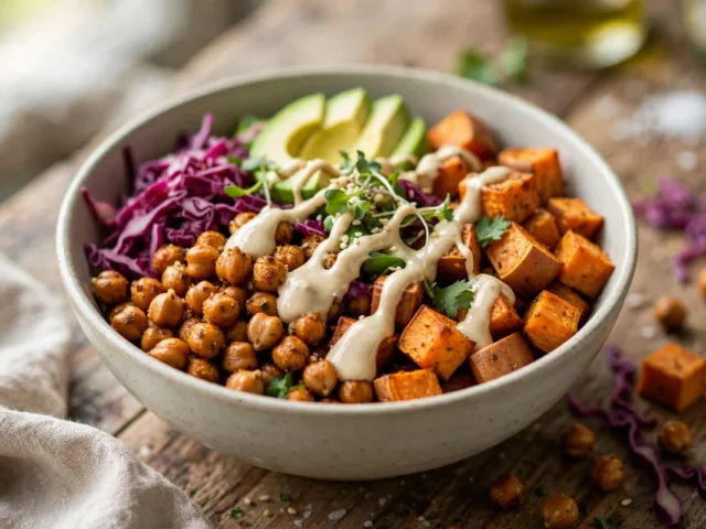Bunte Buddha Bowl mit gerösteten Kichererbsen, Süßkartoffel, Rotkohl, Avocado und cremigem Tahini-Dressing in einer hellen Schüssel.
