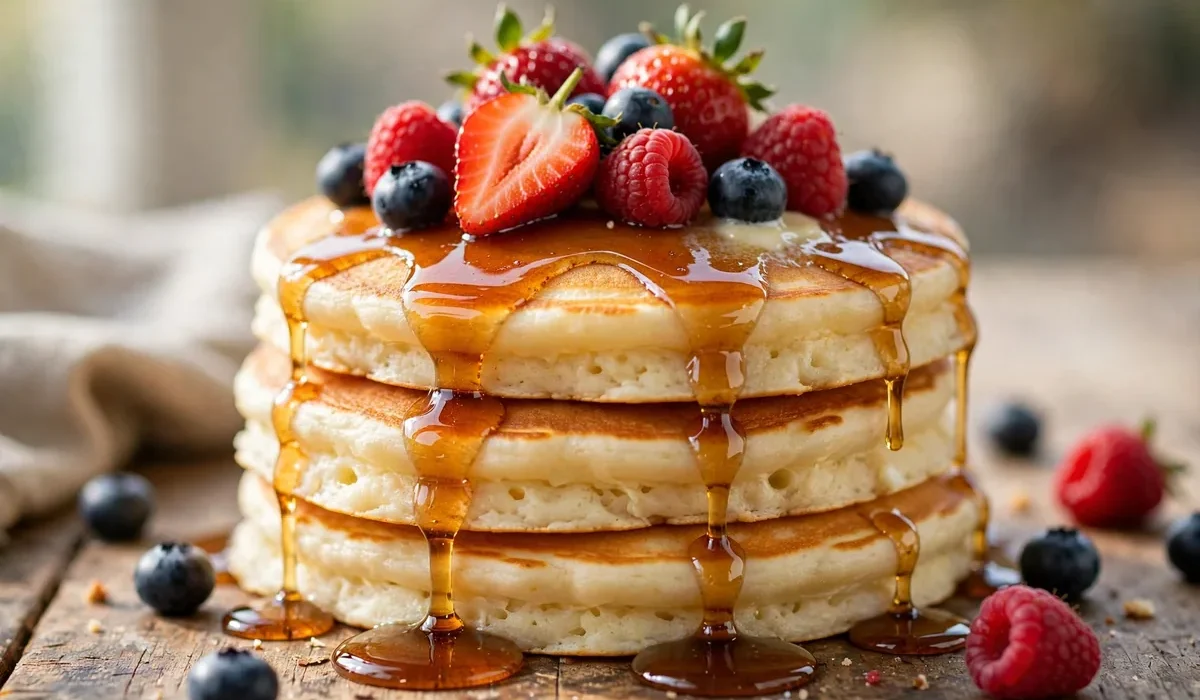 Ein Stapel fluffiger Buttermilch-Pancakes mit Ahornsirup und frischen Beeren auf einem Teller.