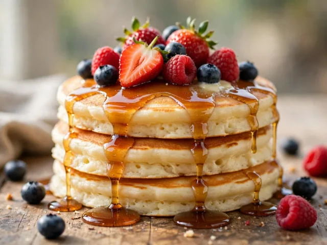 Ein Stapel fluffiger Buttermilch-Pancakes mit Ahornsirup und frischen Beeren auf einem Teller.