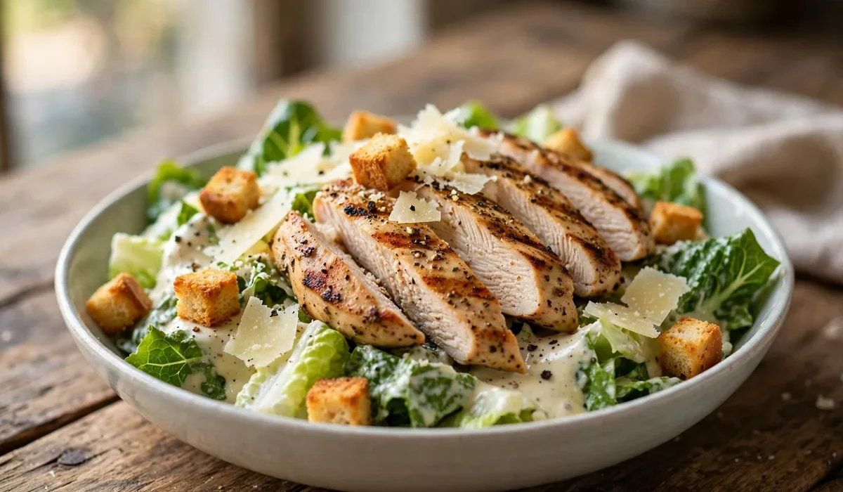 Caesar Salad mit Hähnchenstreifen, Croutons und Parmesanhobeln in einer hellen Schüssel.