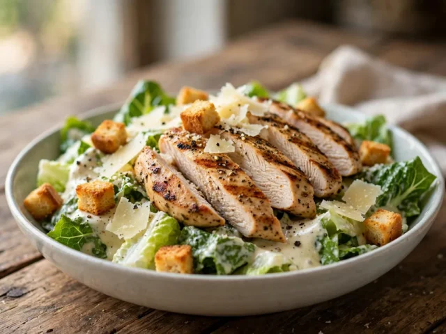 Caesar Salad mit Hähnchenstreifen, Croutons und Parmesanhobeln in einer hellen Schüssel.