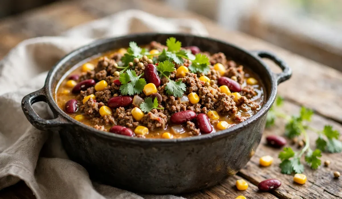 Leichtes Chili con Carne mit Rinderhack, Kidneybohnen und Mais in einem Topf, mit Koriander bestreut.