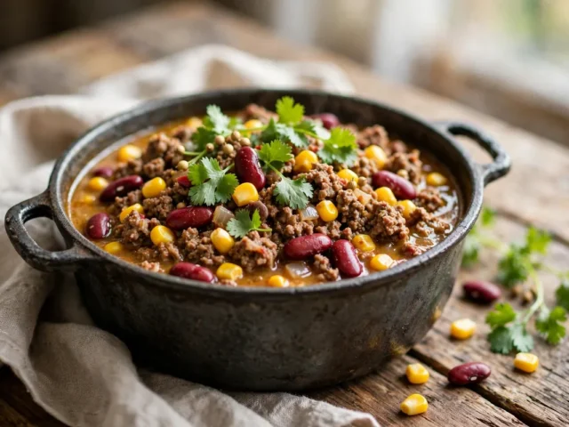 Leichtes Chili con Carne mit Rinderhack, Kidneybohnen und Mais in einem Topf, mit Koriander bestreut.
