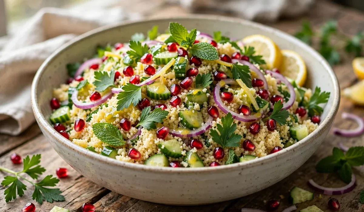 Fruchtiger Couscous-Salat mit Granatapfelkernen, Petersilie und Minze in einer großen Schale.