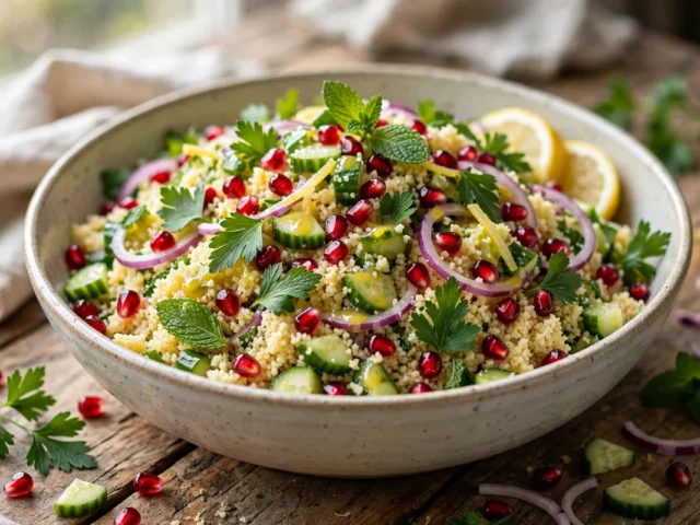 Fruchtiger Couscous-Salat mit Granatapfelkernen, Petersilie und Minze in einer großen Schale.