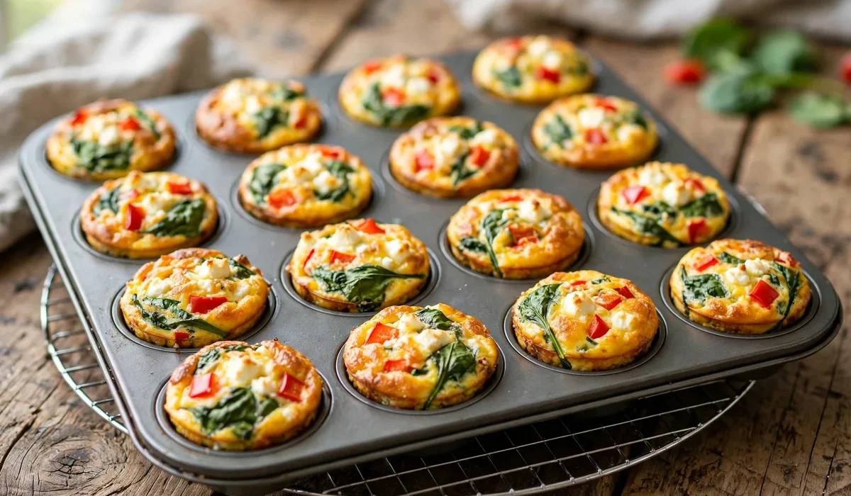 Zwölf goldgelb gebackene Eier-Muffins mit Spinat, Paprika und Feta auf einem Kuchengitter.