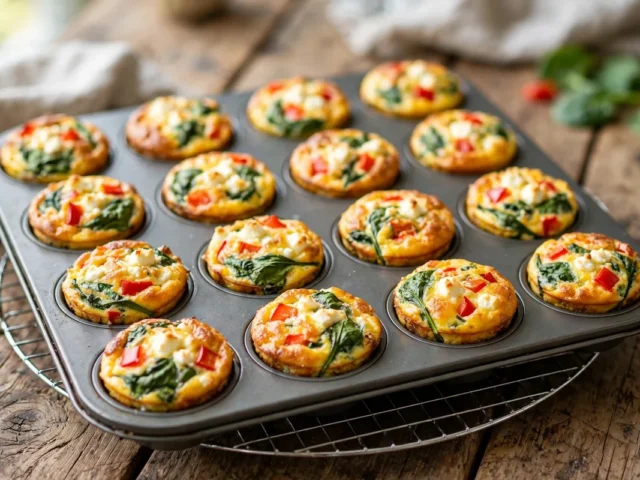 Zwölf goldgelb gebackene Eier-Muffins mit Spinat, Paprika und Feta auf einem Kuchengitter.