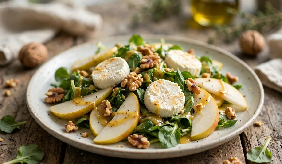 Feldsalat mit Birnenspalten, Ziegenkäsescheiben und gerösteten Walnüssen auf einem Teller.