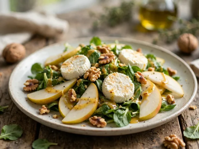 Feldsalat mit Birnenspalten, Ziegenkäsescheiben und gerösteten Walnüssen auf einem Teller.