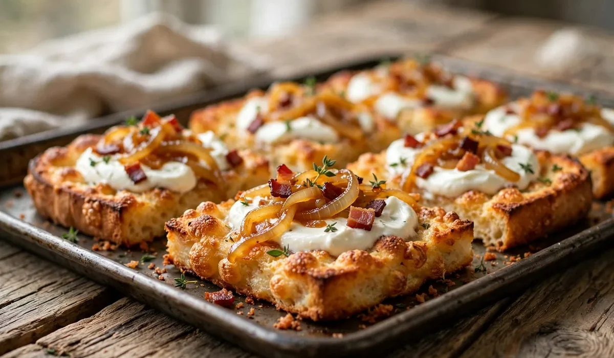 Knuspriger Flammkuchen-Toast mit Crème fraîche, Zwiebeln und Speck, frisch aus dem Ofen auf einem Blech.