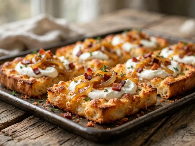 Knuspriger Flammkuchen-Toast mit Crème fraîche, Zwiebeln und Speck, frisch aus dem Ofen auf einem Blech.