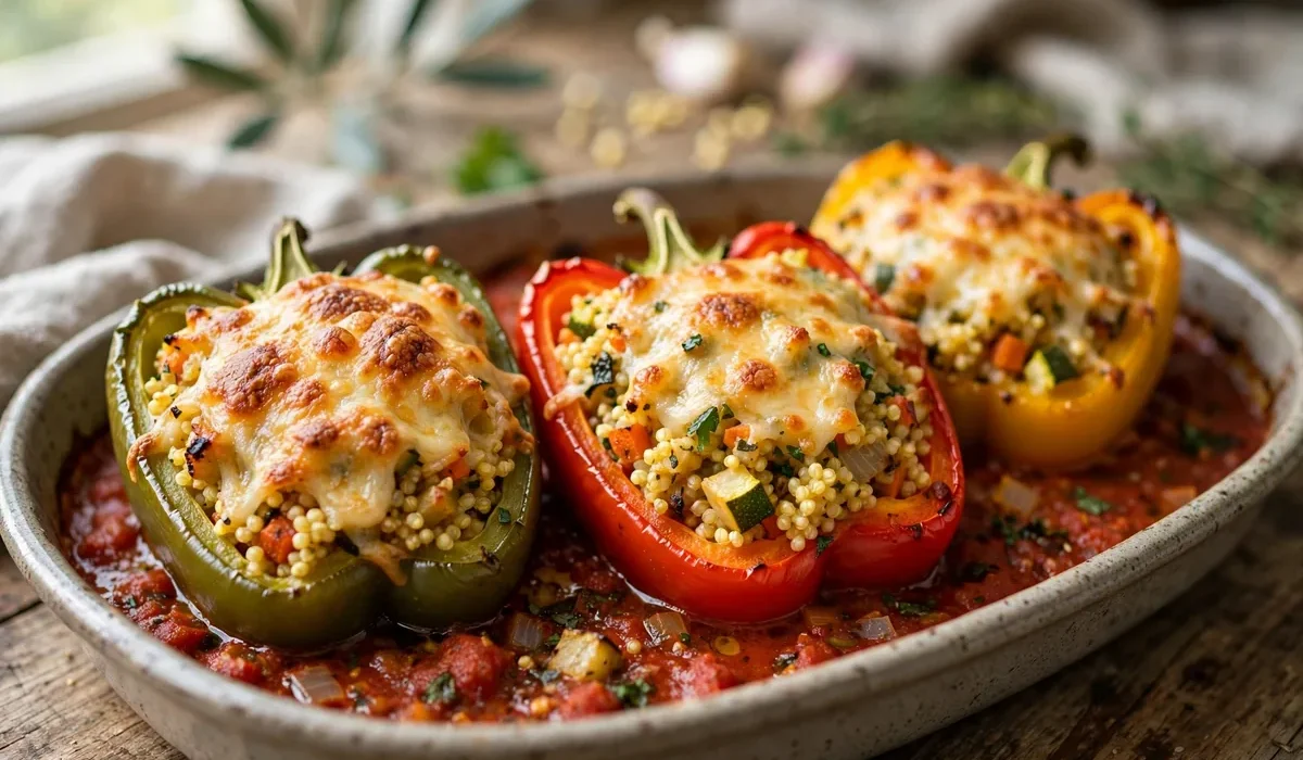 Gefüllte Paprika mit Hirse und Gemüse in einer Auflaufform, mit goldgelb überbackenem Käse und Tomatensauce.