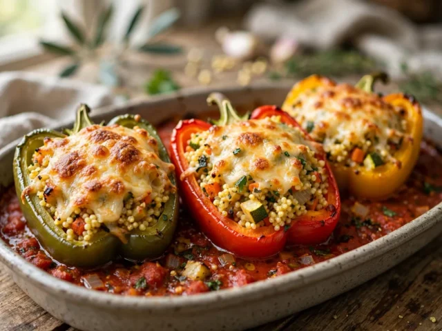 Gefüllte Paprika mit Hirse und Gemüse in einer Auflaufform, mit goldgelb überbackenem Käse und Tomatensauce.