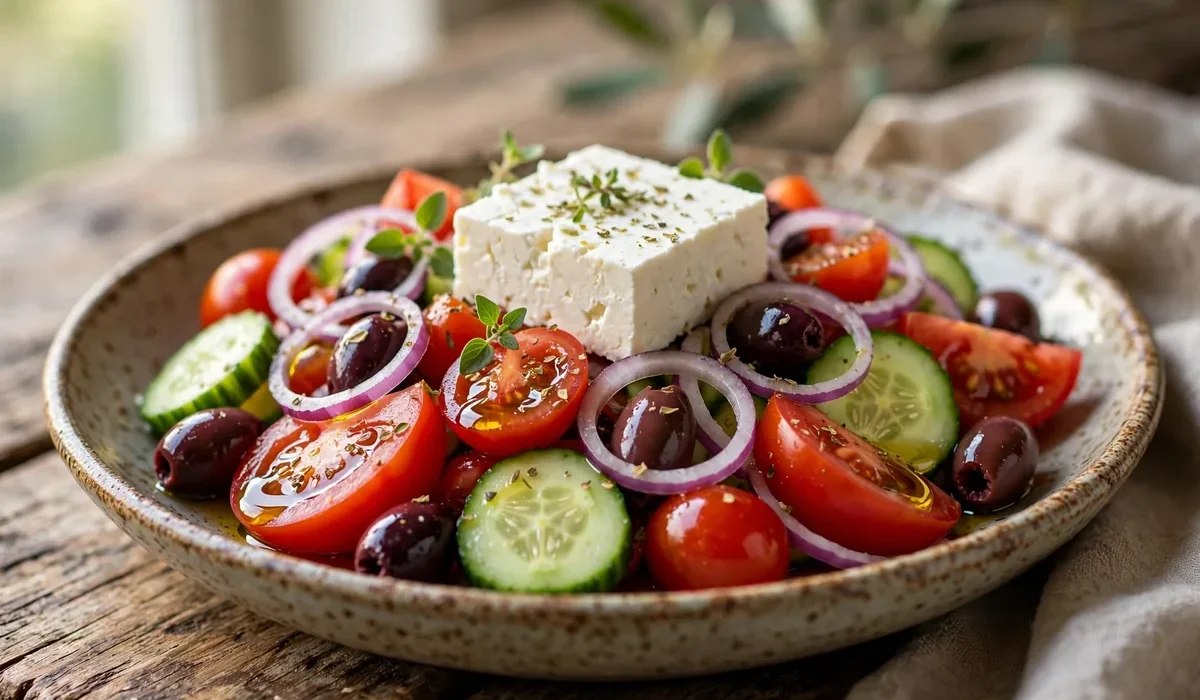 Bunter griechischer Bauernsalat mit Tomaten, Gurke, Oliven und einem Stück Feta in einer flachen Schüssel.