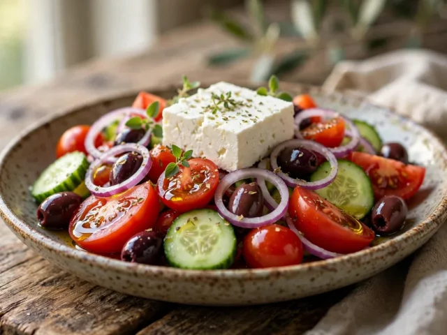 Bunter griechischer Bauernsalat mit Tomaten, Gurke, Oliven und einem Stück Feta in einer flachen Schüssel.
