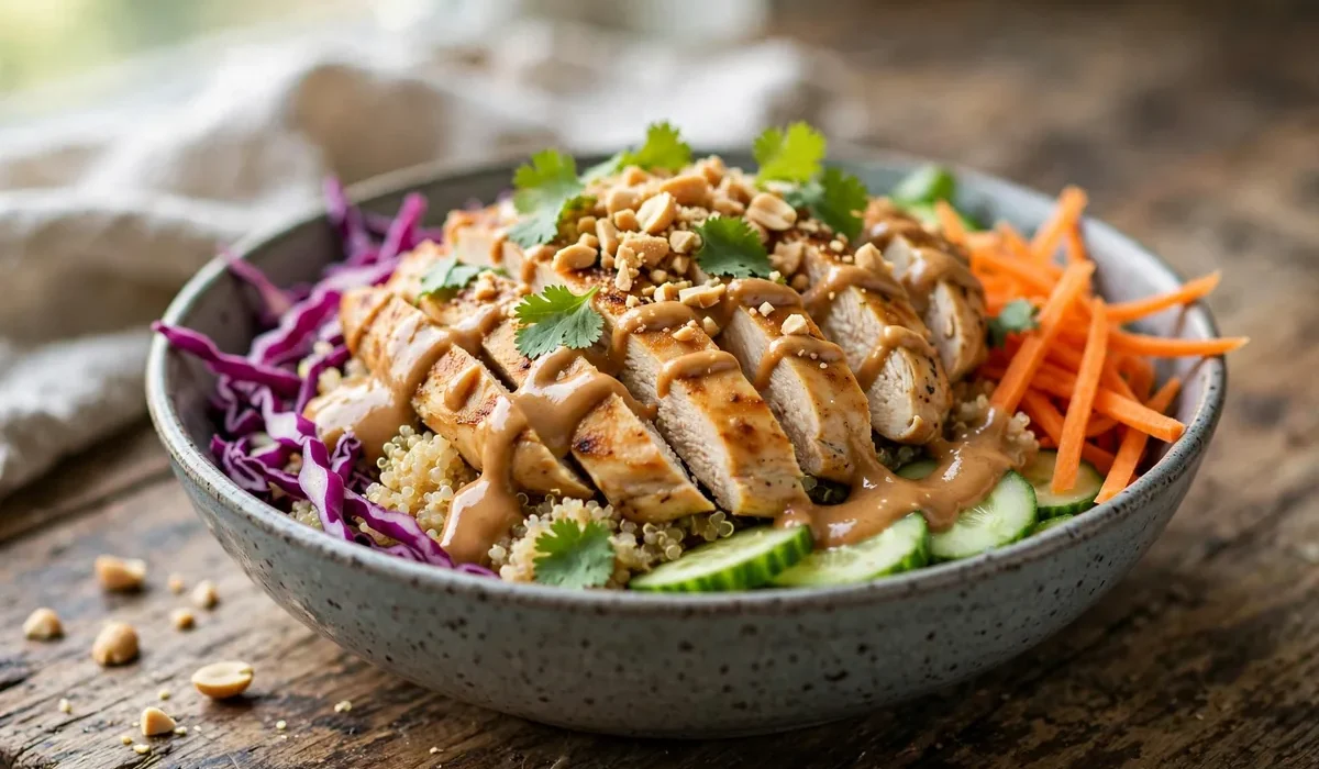 Bunte Hähnchen-Quinoa-Bowl mit Rotkohl, Karotten und Gurke, beträufelt mit Erdnusssauce und bestreut mit Erdnüssen.