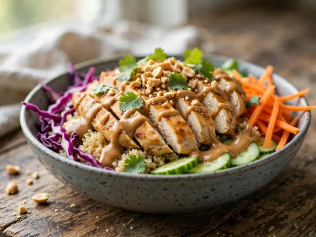 Bunte Hähnchen-Quinoa-Bowl mit Rotkohl, Karotten und Gurke, beträufelt mit Erdnusssauce und bestreut mit Erdnüssen.