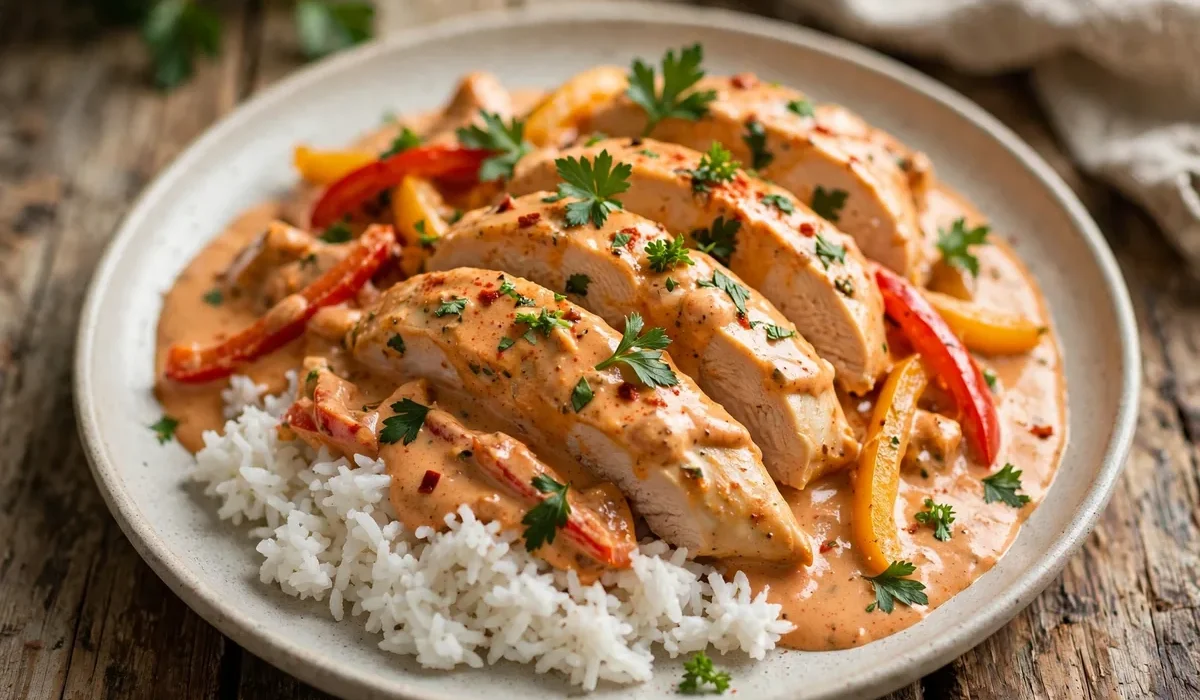 Hähnchengeschnetzeltes in Paprika-Rahmsauce mit Petersilie, serviert mit lockerem Reis auf einem Teller.