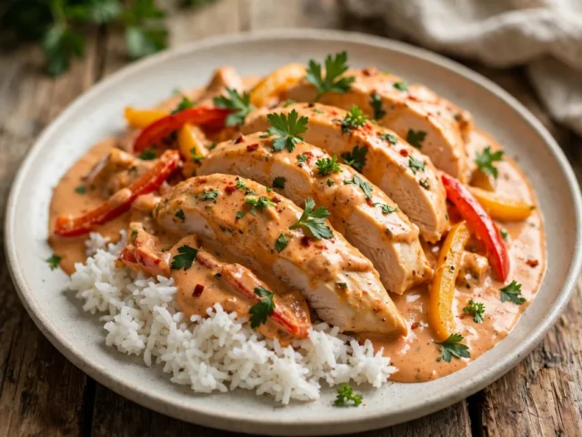 Hähnchengeschnetzeltes in Paprika-Rahmsauce mit Petersilie, serviert mit lockerem Reis auf einem Teller.