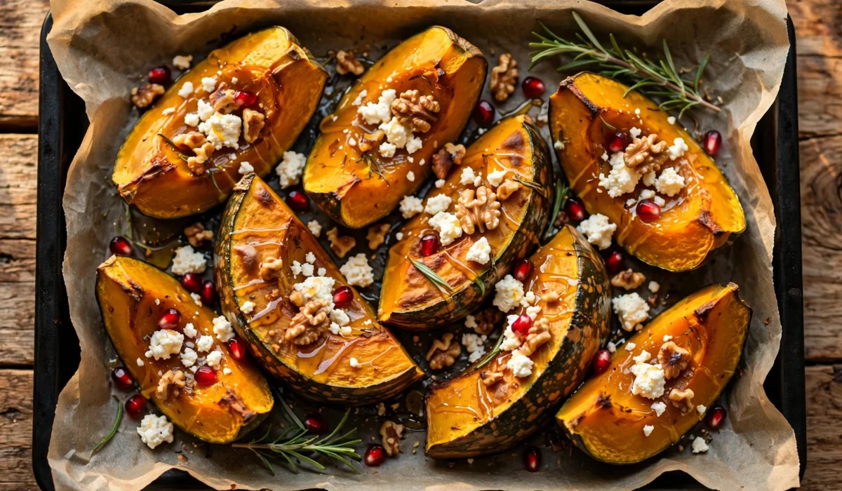 Gerösteter Hokkaido-Kürbis aus dem Ofen mit Feta und Walnüssen, mit Honig beträufelt