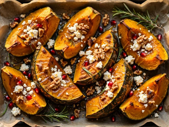 Gerösteter Hokkaido-Kürbis aus dem Ofen mit Feta und Walnüssen, mit Honig beträufelt