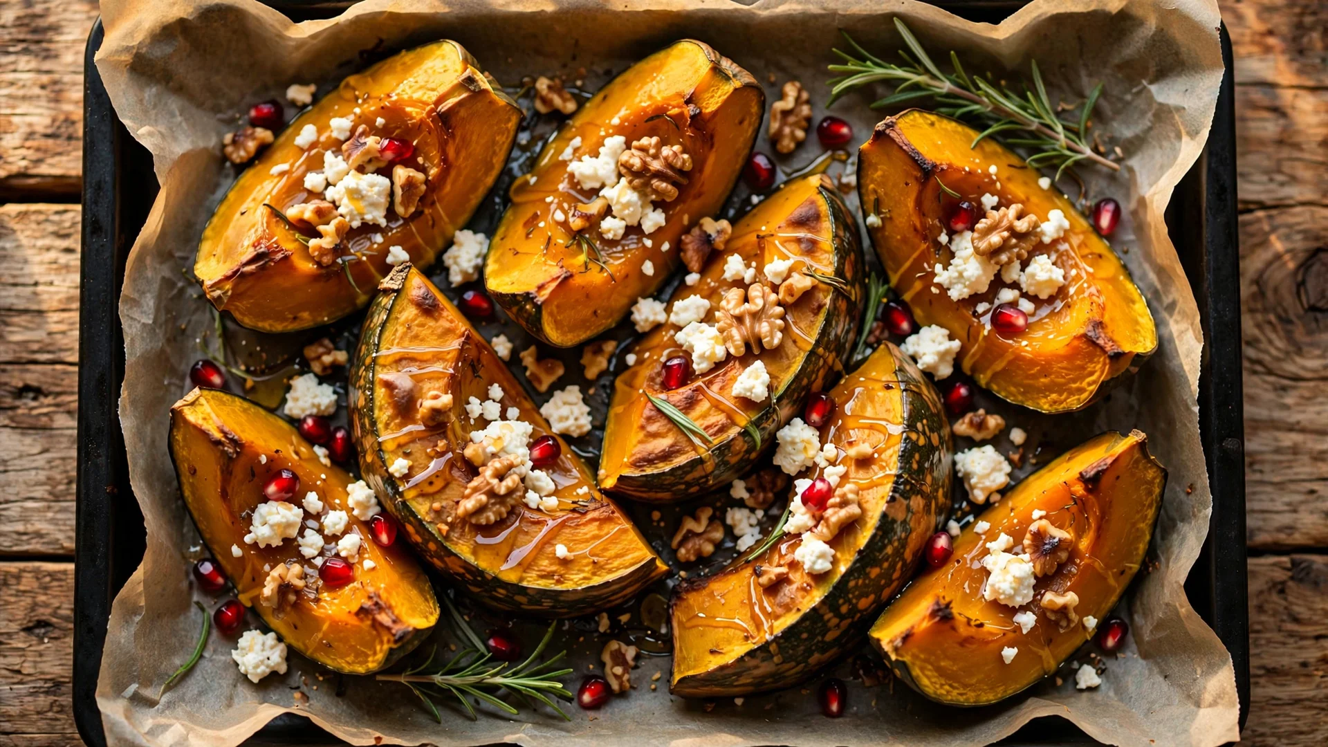 Gerösteter Hokkaido-Kürbis aus dem Ofen mit Feta und Walnüssen, mit Honig beträufelt