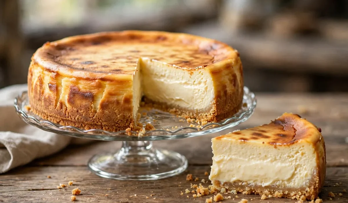 Klassischer Käsekuchen mit goldbrauner Oberfläche und knusprigem Keksboden, angeschnitten auf einer Tortenplatte.
