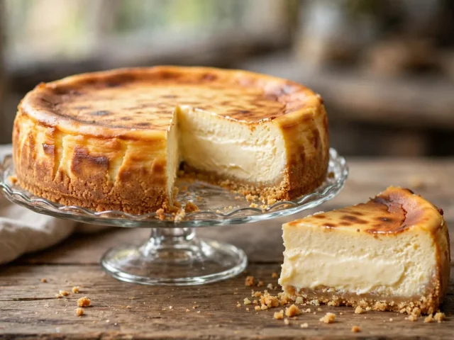 Klassischer Käsekuchen mit goldbrauner Oberfläche und knusprigem Keksboden, angeschnitten auf einer Tortenplatte.