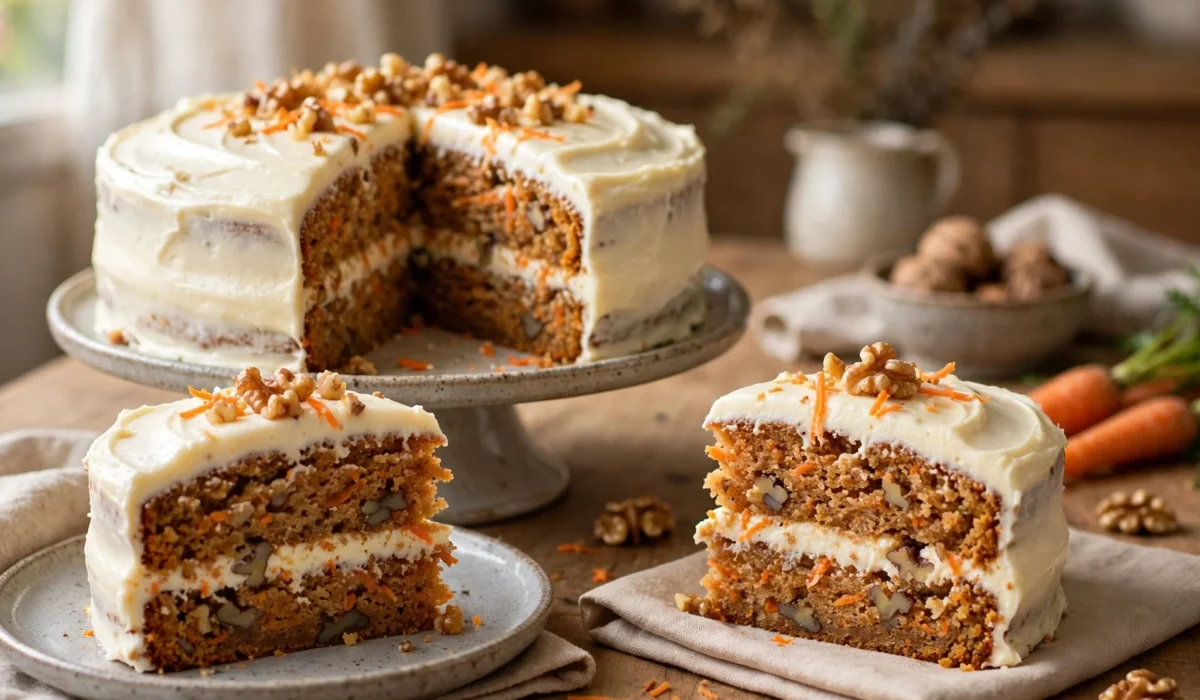 Saftiger Karottenkuchen mit cremigem Frischkäse-Frosting, angeschnittene Stücke