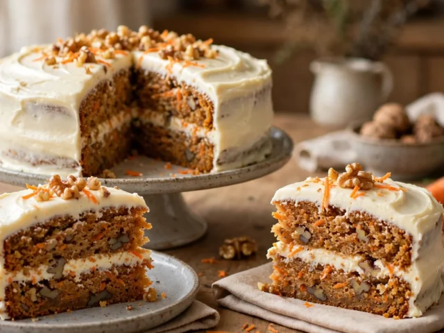 Saftiger Karottenkuchen mit cremigem Frischkäse-Frosting, angeschnittene Stücke