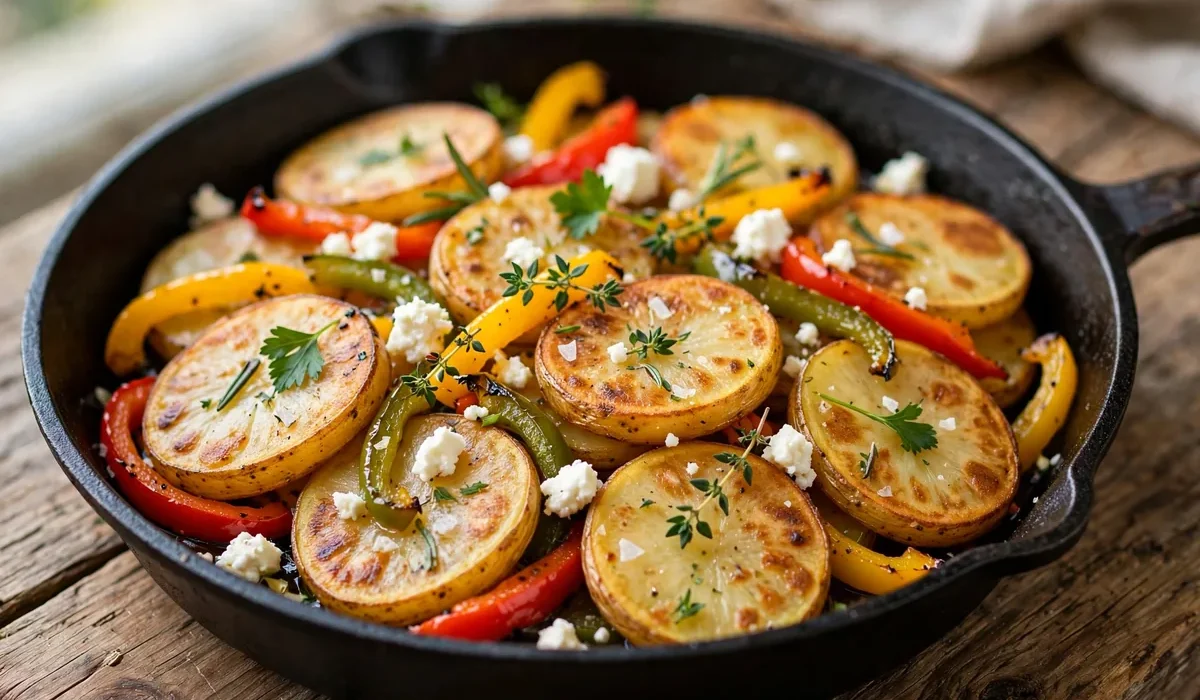 Bunte Kartoffelpfanne mit Paprikastreifen und zerbröseltem Feta in einer schwarzen Pfanne.