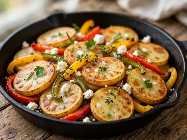 Bunte Kartoffelpfanne mit Paprikastreifen und zerbröseltem Feta in einer schwarzen Pfanne.