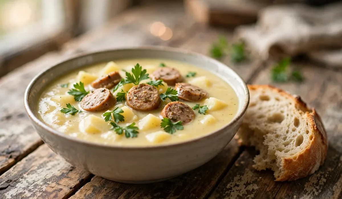 Cremige Kartoffelsuppe mit Würstchenscheiben und Petersilie in einer Schale mit Brot daneben.