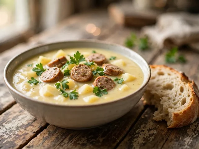 Cremige Kartoffelsuppe mit Würstchenscheiben und Petersilie in einer Schale mit Brot daneben.