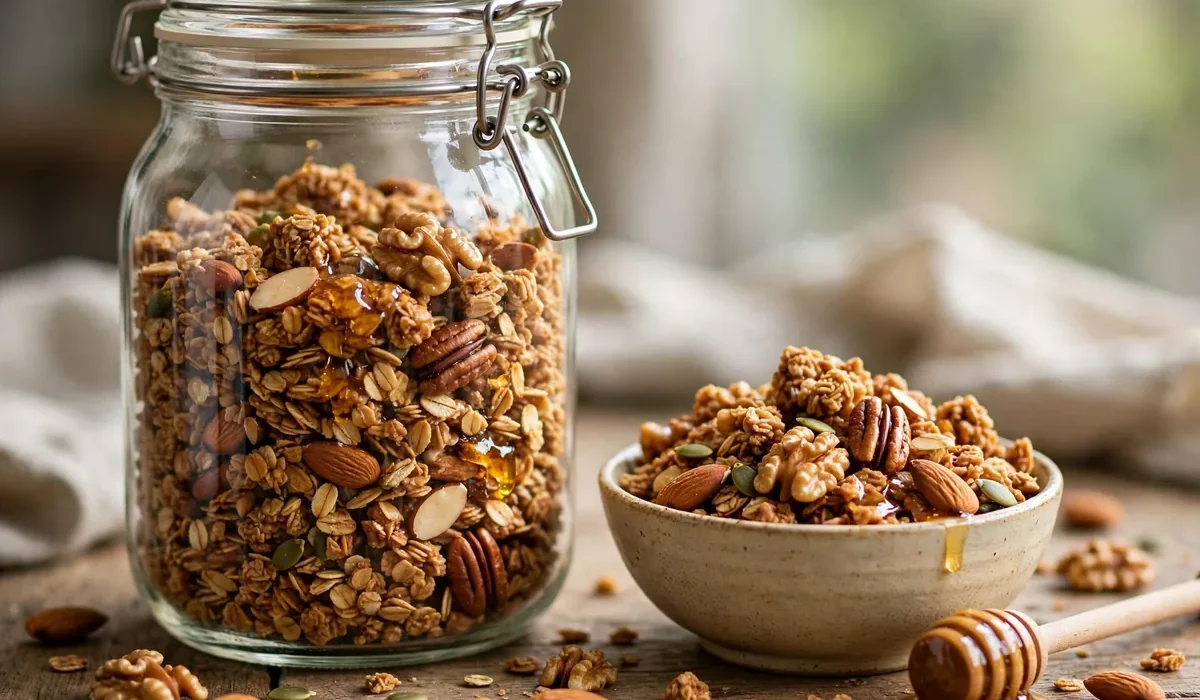 Selbstgemachtes Knuspermüsli mit Nüssen und Honig in einem großen Vorratsglas.