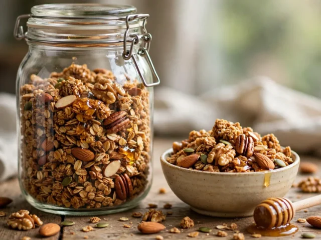 Selbstgemachtes Knuspermüsli mit Nüssen und Honig in einem großen Vorratsglas.