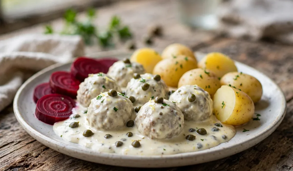 Königsberger Klopse in heller Kapernsauce mit Salzkartoffeln und Roter Bete auf einem Teller.