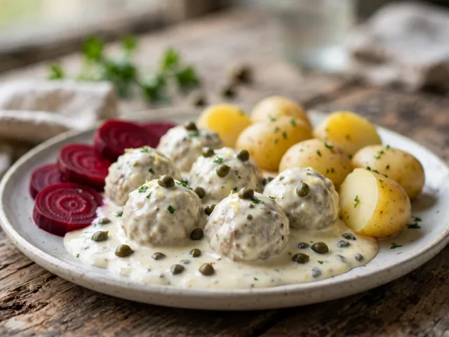 Königsberger Klopse in heller Kapernsauce mit Salzkartoffeln und Roter Bete auf einem Teller.