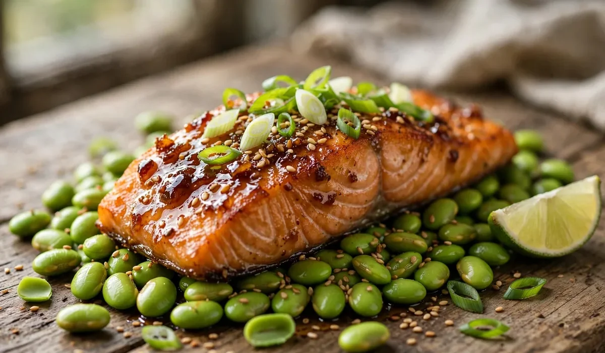 Knusprig gebratenes Lachsfilet mit glasierter Honig-Soja-Kruste auf Edamame, bestreut mit Sesam und Frühlingszwiebeln.